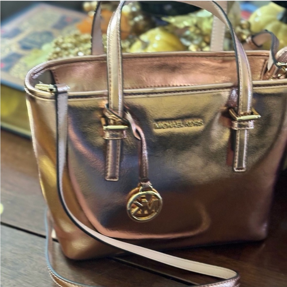 Michael Kors Metallic Rose Gold Satchel with Logo Charm